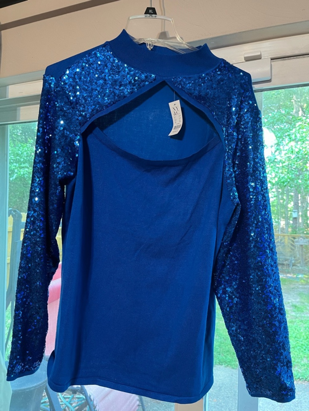 NWT XL New York and Company Blue Long Sleeve Cut Out Top with Sequins Sleeves!
